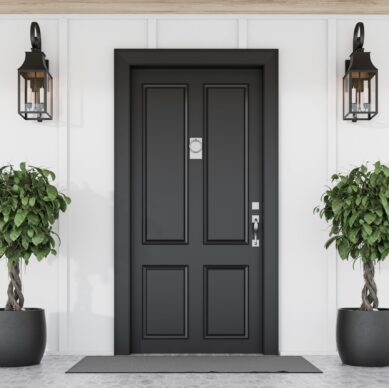 Stylish black front door of modern house with white walls, door mat, two trees in pots and lamps. 3d rendering