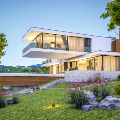 3d rendering of modern cozy house by the river with garage for sale or rent with beautiful mountains on background. Clear summer evening with blue sky. Cozy warm light from window.