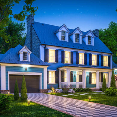 3d rendering of modern cozy classic house in colonial style with garage and pool for sale or rent with beautiful landscaping on background. Clear summer night with many stars on the sky.