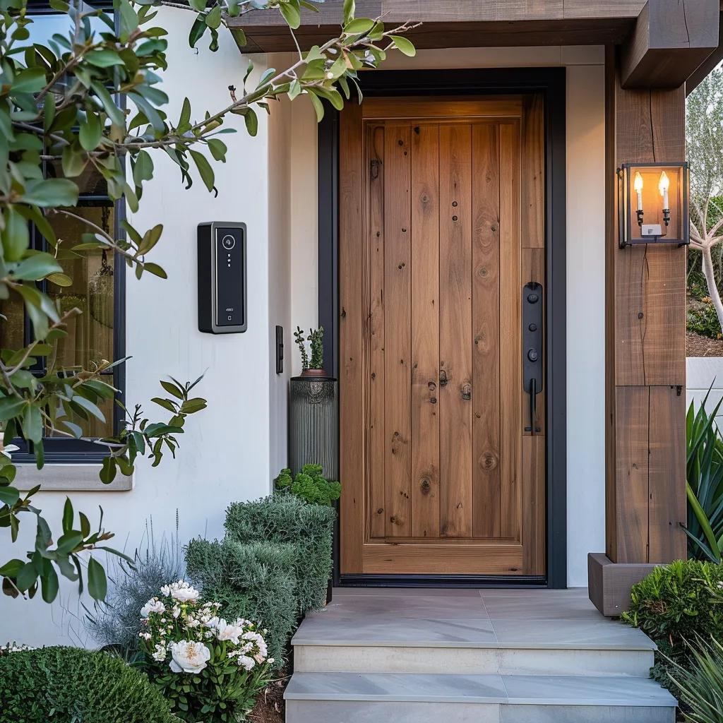 Front door of a Los Angeles home with smart lock and video doorbell