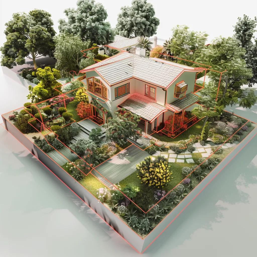 Diagram showing perimeter protection: infrared beams, cameras, and lighting around a Los Angeles property